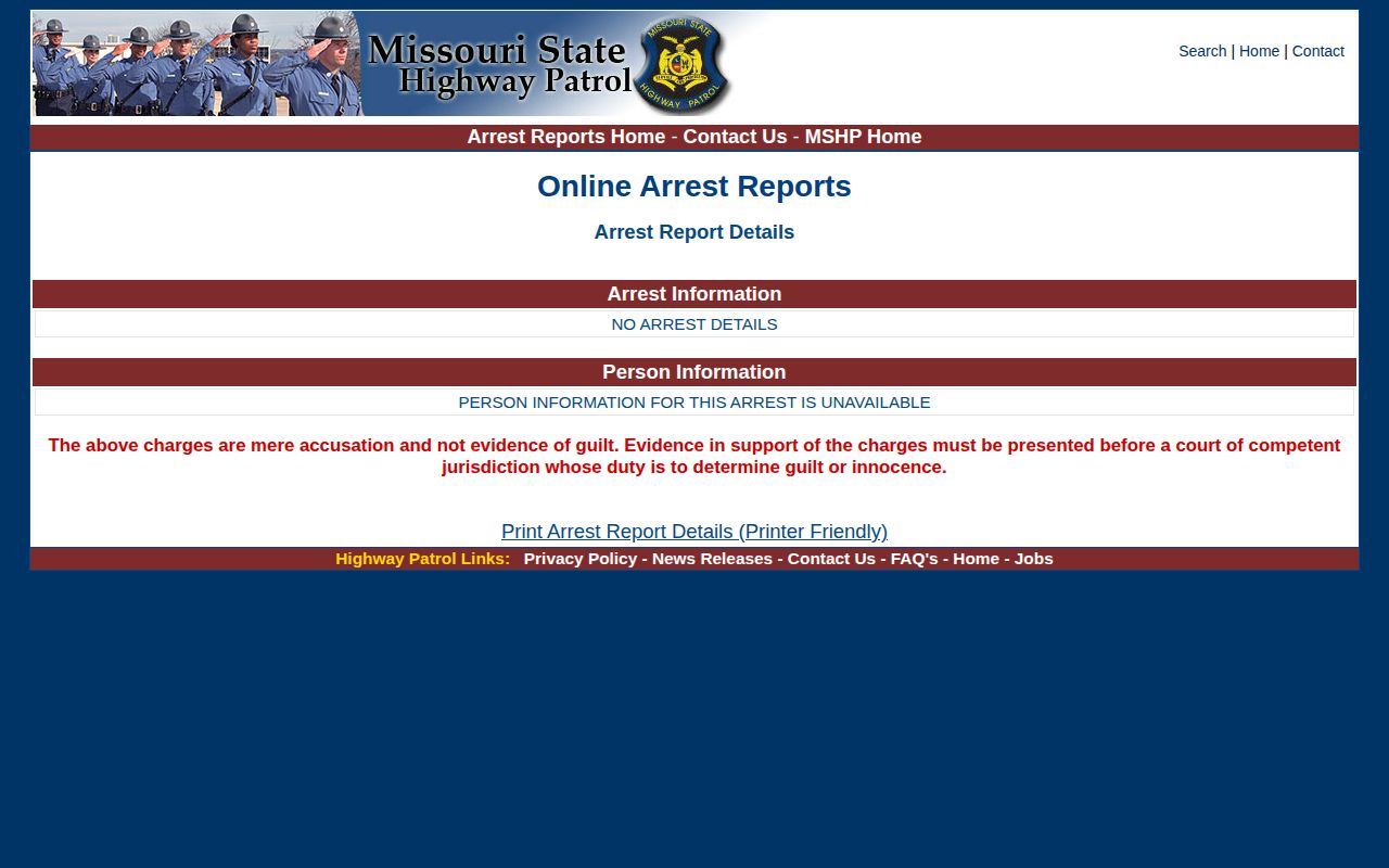 Missouri State Highway Patrol arrest report detail interface for Ste. Genevieve County