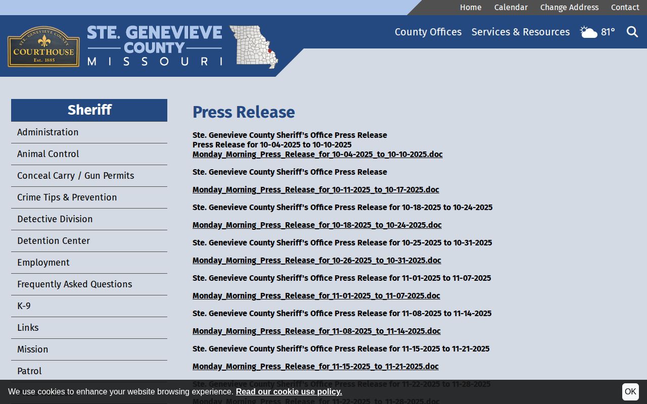 Ste. Genevieve County official weekly press release index