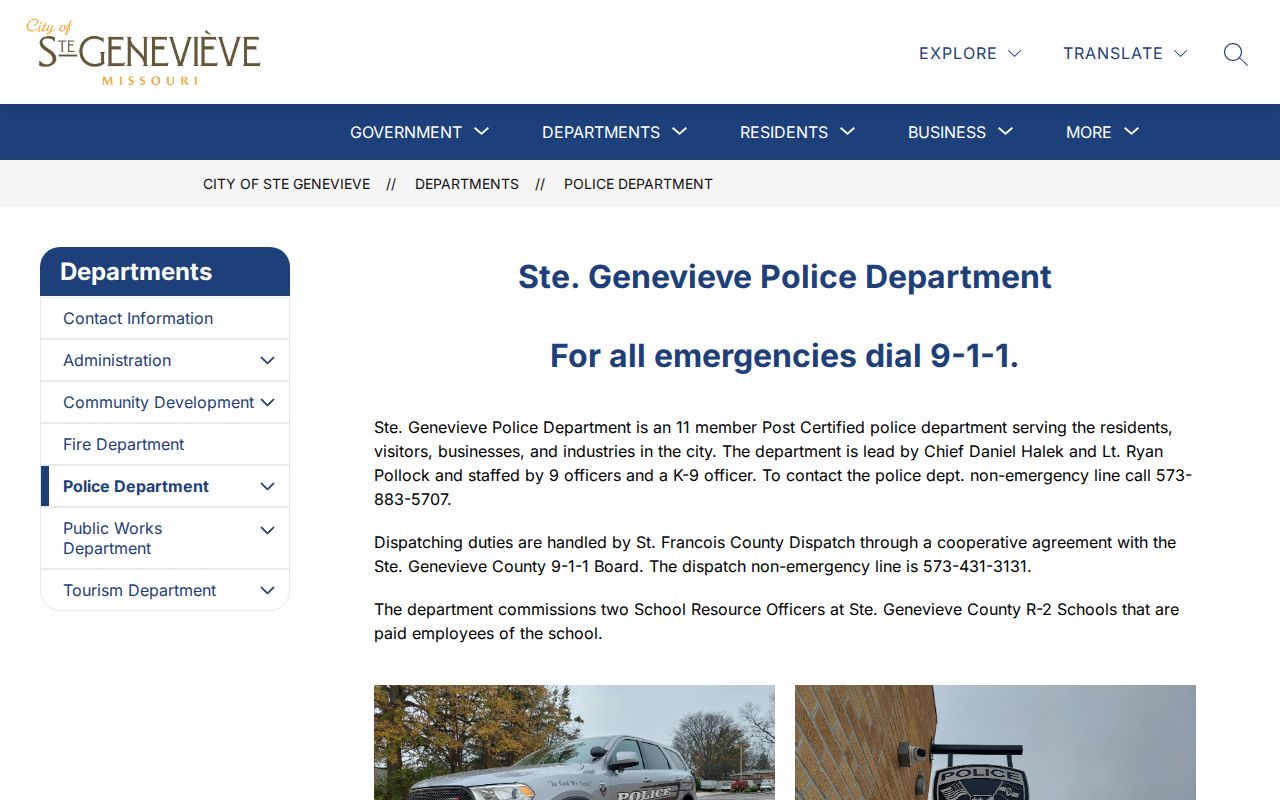 Official Ste. Genevieve Police Department webpage with department contact information