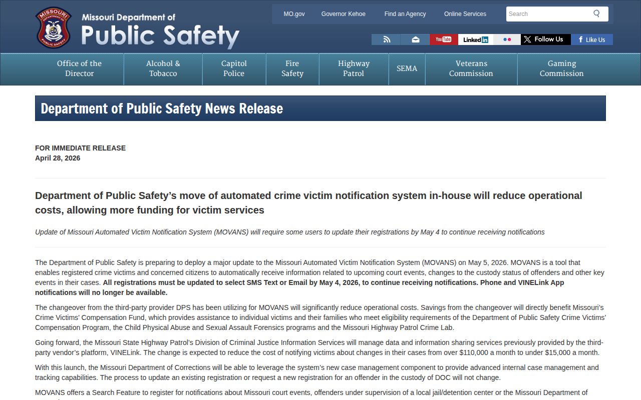 Missouri Department of Public Safety MOVANS transition notice